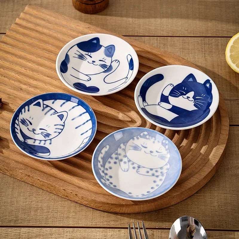 Lucky Cat Ceramic Dipping Dishes – Set of 4 Small Japanese Plates