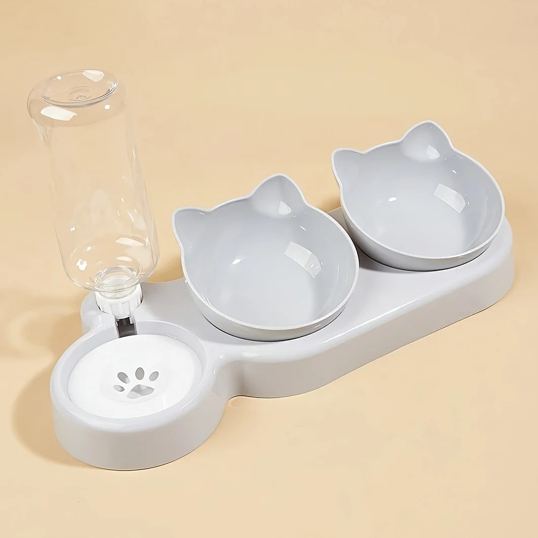 Elevated Tilted Cat Bowl Set with Gravity Water Feeder – 3-in-1 Design
