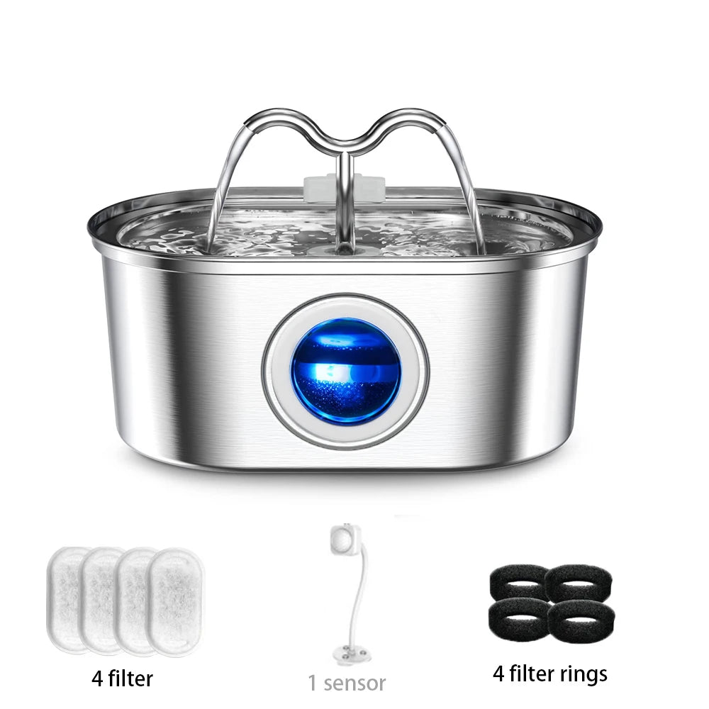 Smart Cat Water Fountain – 3.2L Stainless Steel with Sensor, LED & Silent Pump