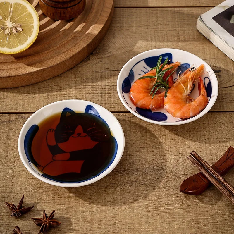 Lucky Cat Ceramic Dipping Dishes – Set of 4 Small Japanese Plates