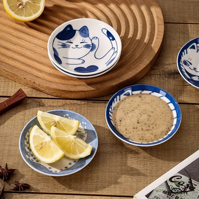 Lucky Cat Ceramic Dipping Dishes – Set of 4 Small Japanese Plates