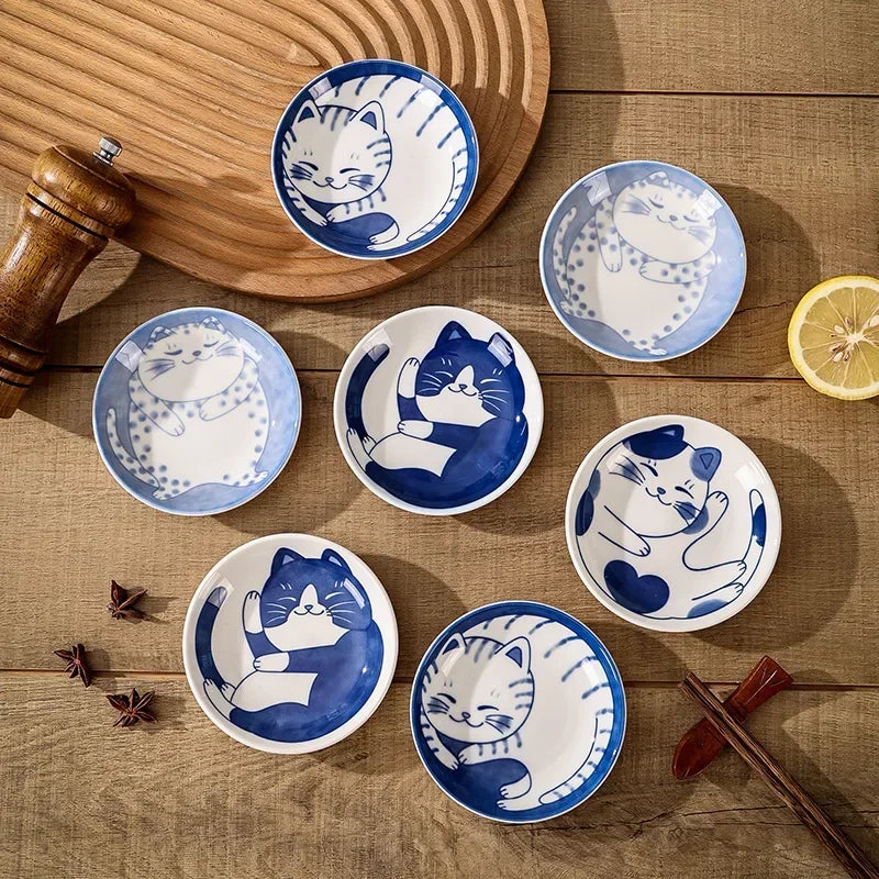 Lucky Cat Ceramic Dipping Dishes – Set of 4 Small Japanese Plates