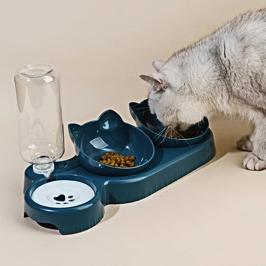 Elevated Tilted Cat Bowl Set with Gravity Water Feeder – 3-in-1 Design