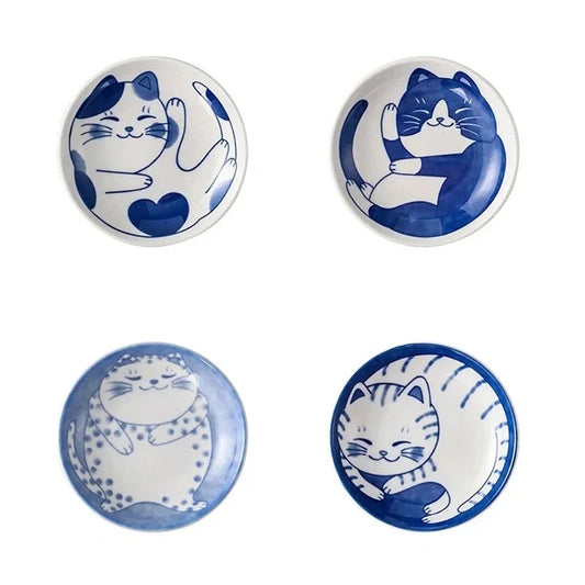 Lucky Cat Ceramic Dipping Dishes – Set of 4 Small Japanese Plates