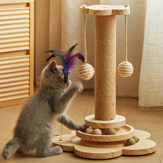Interactive Wooden Cat Toy – Spinning Flower Design