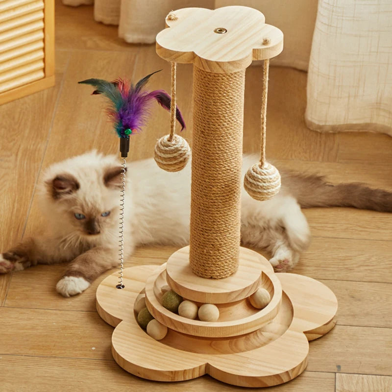 Interactive Wooden Cat Toy – Spinning Flower Design