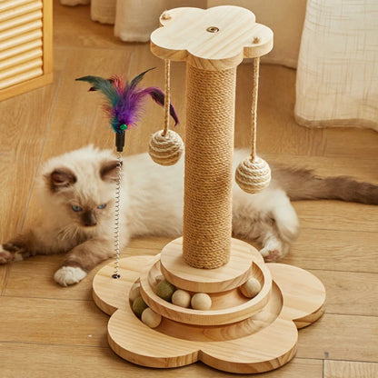 Interactive Wooden Cat Toy – Spinning Flower Design