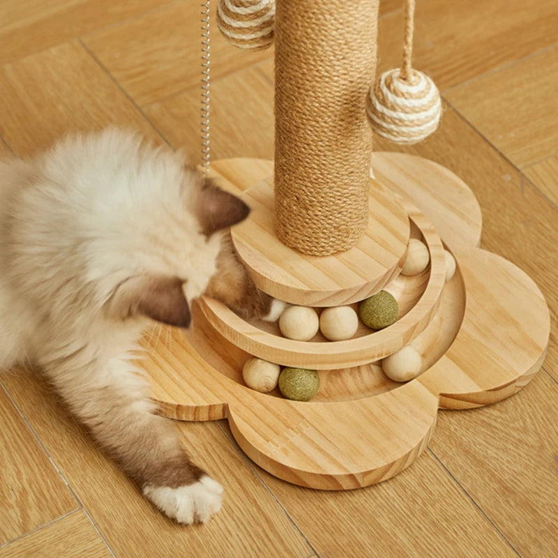Interactive Wooden Cat Toy – Spinning Flower Design